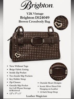 Y2K Vintage Brighton Brown Leather Heart Weave Crossbody Silver Heart Charm NWOT